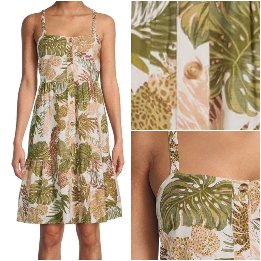 Beach Lunch Lounge Dress Sz L Tiered Sundress Mini Tropical Print Cotton Linen